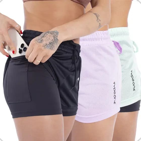 Kit 3 Shorts Femininos 2 em 1 Duplo Compressão Esportivo Bolso Interno Suplex Dry Academia Treino