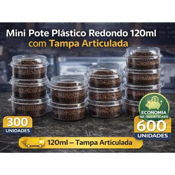 300~600 unidades Pote Redondo 120ml Tampa Articulada Sobremesa Pudim Doces - Vedação Hermética