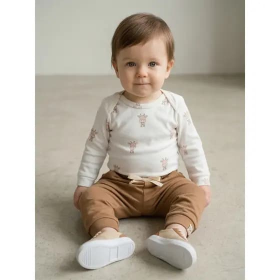 Conjunto Body Bebê Menino Suedine 100% Algodão Estampa Girafa + Calça Caramelo 2 peças Inverno
