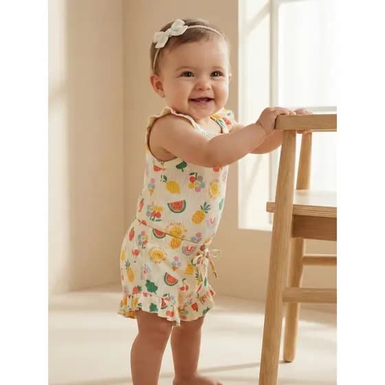 Conjunto Bebê Menina Body com Alças Canelado Rib Soft Estampa Frutas + Bermuda | 2 peças Verão