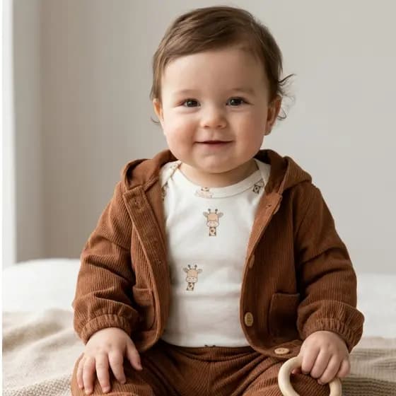 Conjunto Bebê Menino Cotelê Canelado Casaco Com Capuz + Calça 2 peças Inverno Confortável Estiloso