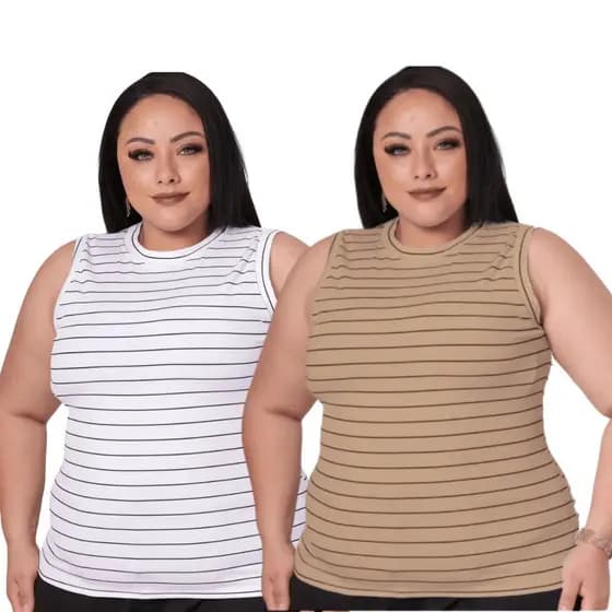 Kit 2 blusa regata canelada listrada lisa plus size feminina Dia das Mães