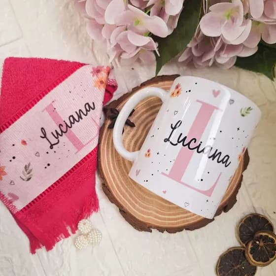 Kit Presente Dia das Mães Personalizada Presente Caneca Toalha Nome Inicial Porcelana Café