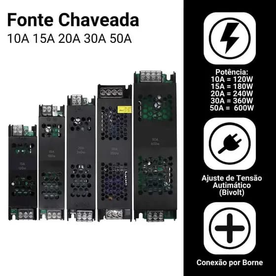 Fonte Chaveada 12v/24v 5A|10A|20A|30A|50A Capa Preta P/ Cftv Fita Led Som Automotivo Bivolt