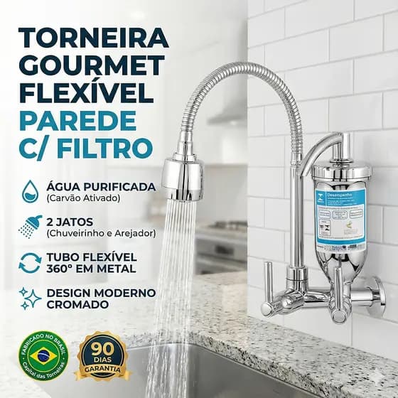Torneira Cozinha Gourmet Parede com Filtro Tubo Flexível 2 Jatos - Cromada 1/4 De Volta