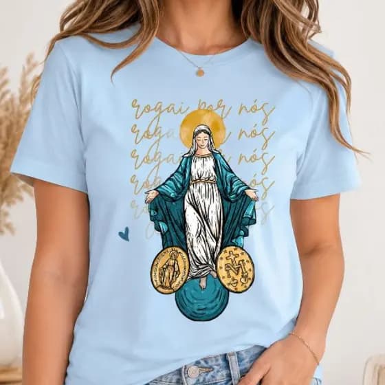 Camiseta Feminina Nossa Senhora das Graças – Rogai por Nós – camiseta nossa senhora, camiseta feminina cristã.