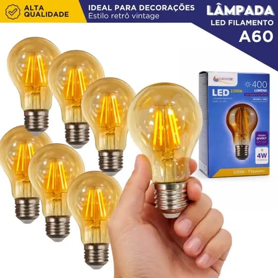 Lâmpada LED Filamento Vintage A60 Luz Quente 2200K E27 Bivolt 4W Retrô Iluminação Decorativa - NL