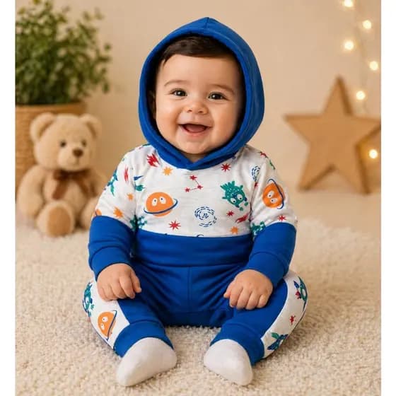 Conjunto Bebê Menino Multicolorido Manga Longa com Capuz – Ideal para Dias Frescos