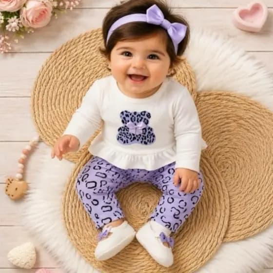 Conjunto Bebê Menina manga longa fofa Ursinha para dias frios