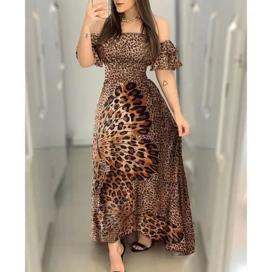 Vestido Feminino Com Estampa De Borboleta E Leopardo Ombro Manga Folha De Lótus Saia Longa