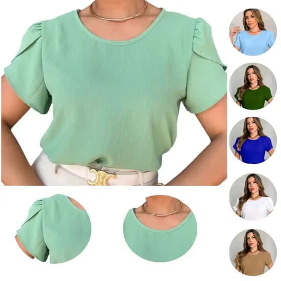 Blusa Feminina Manga Princesa Estilosa Tecido Duna Curta Tulipa Social Bufante Elegante Tendencia Moda Envagelica