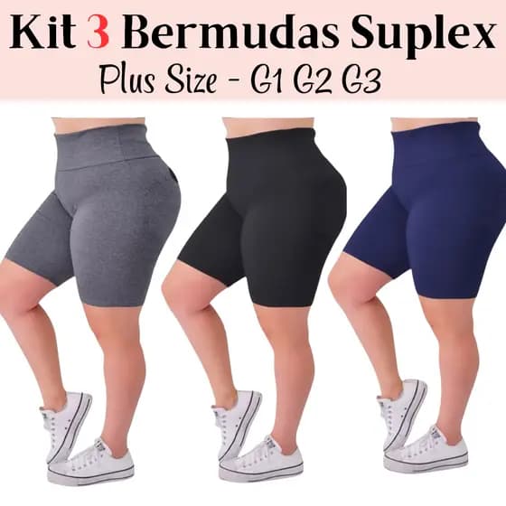 Kit 3 Bermuda Short Suplex Plus Size Feminina Academia Fitness Ciclista