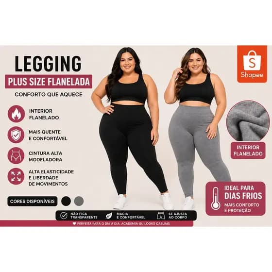 Kit 2 Legging Plus Size Peluciada Calça Suplex Macio Flanelada Por Dentro Cintura Alta Costura Reforçada GG ao G3