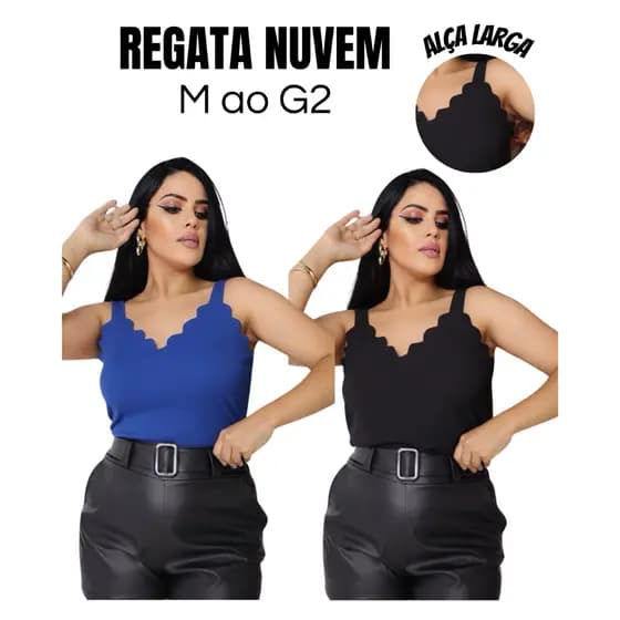 Regata Feminina Social Decote Nuvem Alça Larga Tecido Crepinho Duna Regatinha Blusinha Verão Estilosa Elegante Plus Size