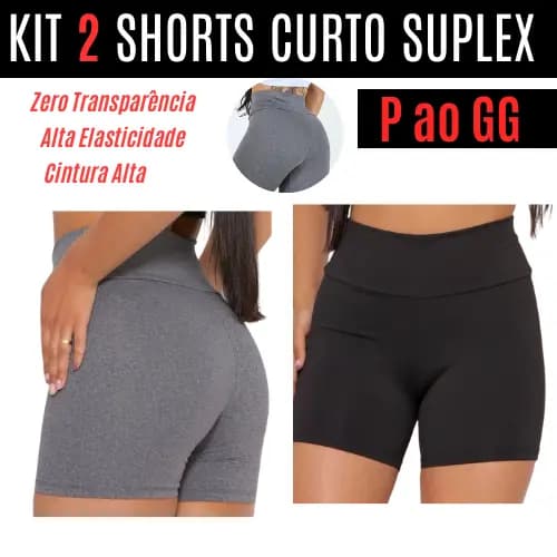 Kit C/ 2 Shorts Feminino Curto Academia Suplex Preto Cinza Cintura Alta Meia Coxa P ao GG Corrida Leggings Pilates
