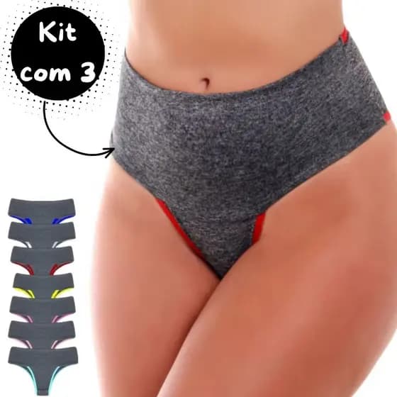 KIT 3 Calcinhas Fitness Cintura Alta Ginástica Calcinha Cós Alto