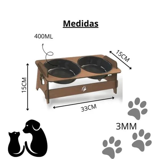 Comedouro Pet MDF Tijela Duplo 400ml Plastico Removível