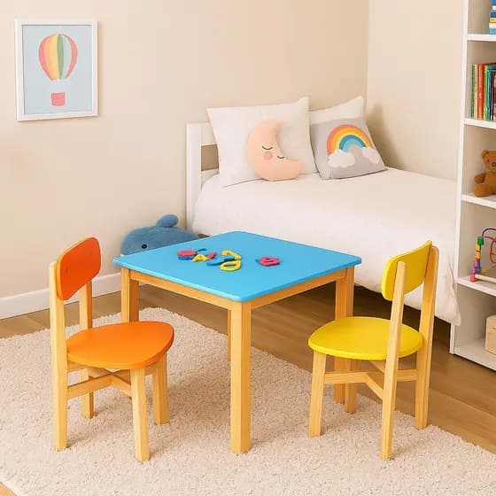 Conjunto Mesa c/ 2 Cadeiras crianças Infantil Brinquedos Colorê Tampo em MDF 15mm e Pés em Madeira