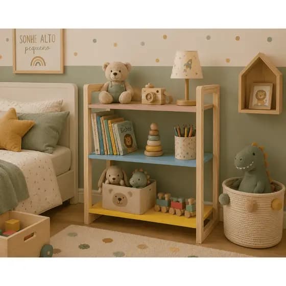 Organizador Infantil 3 Prateleiras Estante Quarto Criança Brinquedos Livros Decoração Madeira e MDF