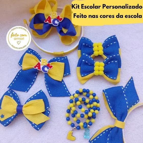 Kit Escolar Azul e amarelo, presilhas, tiaras combinando com o uniforme.
