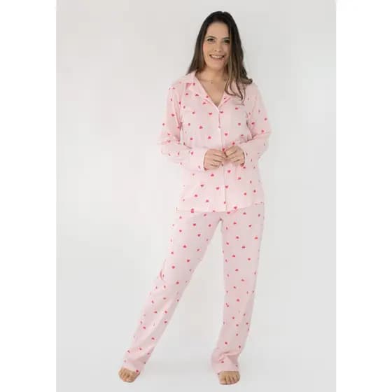 Pijama Feminino Americano Longo Algodão Amamentação Pós- Cirúrgico - Listrado Corações