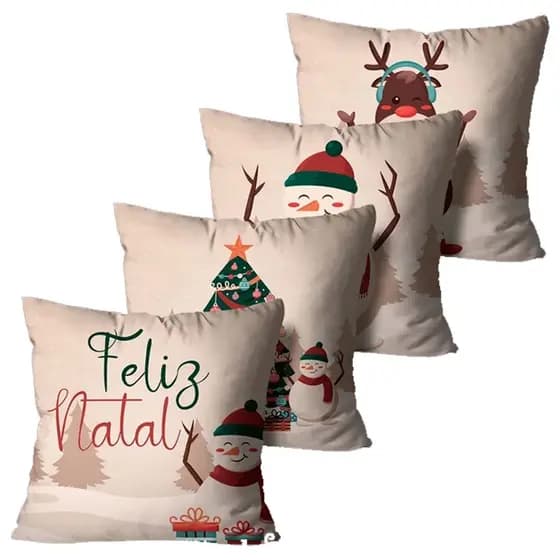 Kit Com 4 Capas de Almofadas Decorativas Feliz Natal Bege