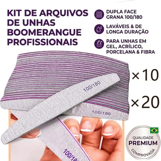 Kit 10 ou 20 Lixa Boomerang Lavável 100/180 Para Unhas Nail Acrigel Porcelana Fibra