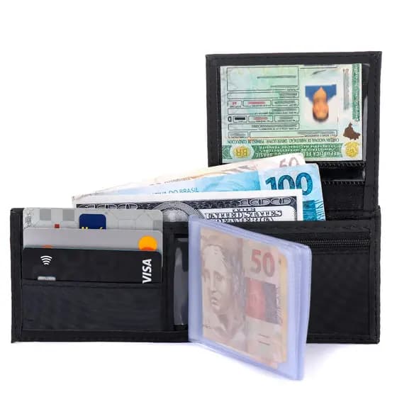 Carteira Masculina De Couro Sintético Premium, Modelo L Porta Moedas em zíper.