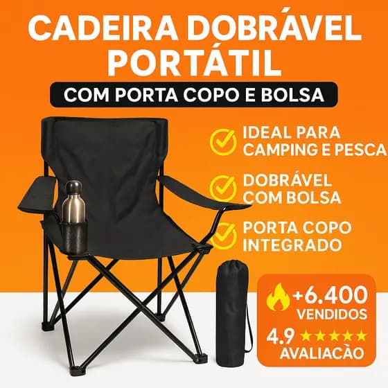 Cadeira Dobrável Portátil Camping Pesca Apoio de Braço + Porta Copo + Bolsa Transporte – Resistente e Leve
