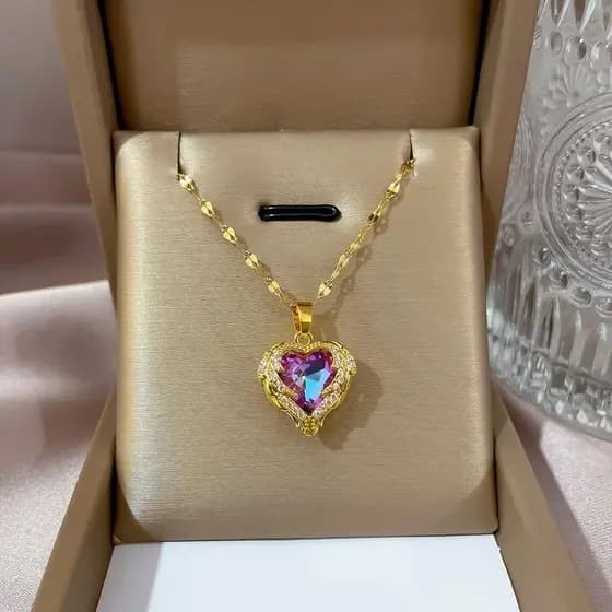 Colar de cristal Coração do Oceano,acessórios de moda em aço joias femininas sem desbotamento, luz, temperamento de luxo