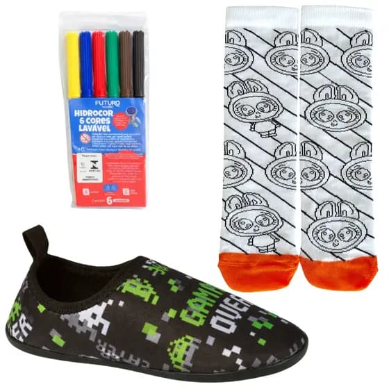 Kit Sapatilha Infantil Aquatica Antiderrapante + Meia Goods para Pintar C/ Canetinhas