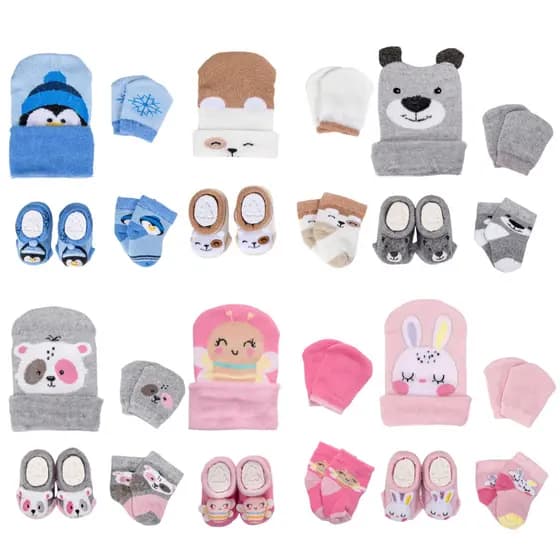 2 Kits Enxoval Bebê Maternidade Meia Luva Touca Meia 3d Menino e Menina