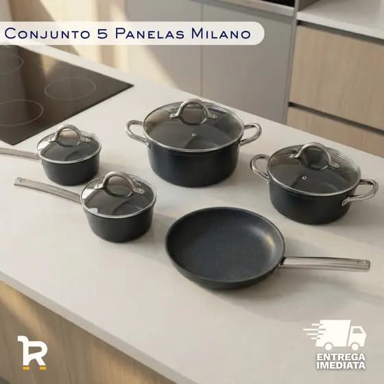 Jogo de Panelas Indução 5 Peças Revestimento Cerâmico Frigideira 24cm Cabo Inox com Tampa de Vidro