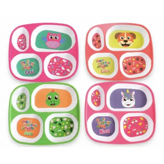 Kit Alimentação bebe/ prato com Divisória + Talheres inox + Escova + Garrafa