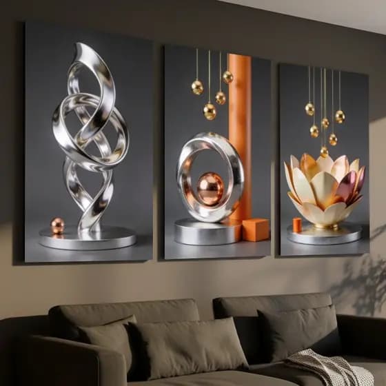 Quadro Decorativo 3 Pçs Abstrato Geométrico Cinza Para Sala