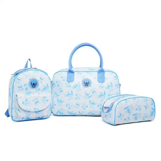 Kit Mala Mochilinha Necessaire Stitch Lilo Menino Azul Unissex Maternidade Casual Viagem Creche