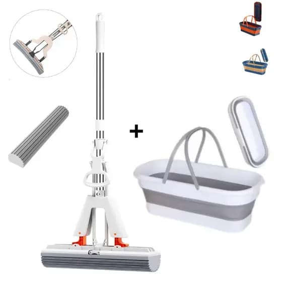 Kit Rodo Mop Flat Seca + Balde Retratil Para Limpeza Cores Diversas Bestlu