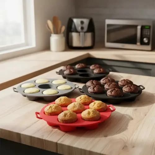 Forma Silicone Air Fryer Cesto Fritadeira Redonda Cavidades Antiaderente Cupcakes 7 Mini Bolos Muffin