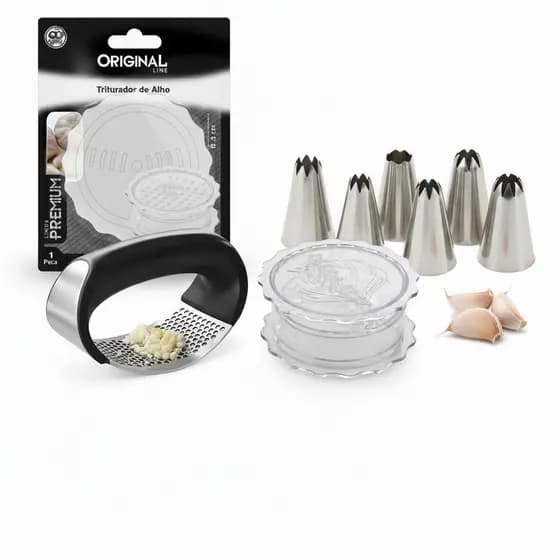 Kit com Bicos para Confeitar, Triturador e Amassador de Alho