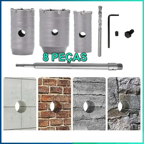 8 peças TKit Jogo Serra Copo 30 40 50 Mm Concreto Alvenaria Haste Sds Plus P/ Furadeira e Martelete