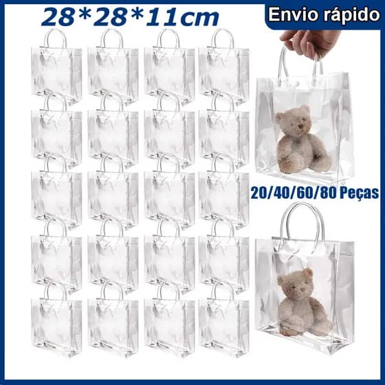28*28*11cm Sacos de Presente de Plástico Transparente Com Alças, Em Massa, Sacolas de Presente de PVC 20-80 peças