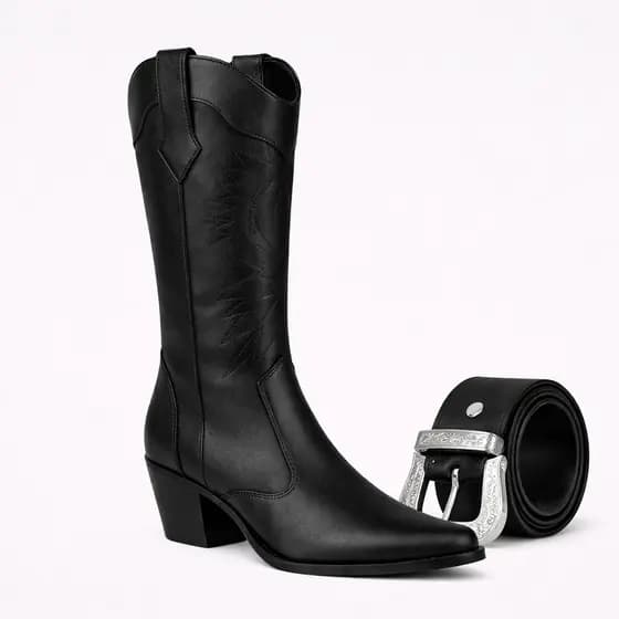 Bota Texana Feminina Country Bordada Cano Alto + Cinto Estilo Western