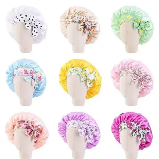 Touca De Cetim Com Laço Antifrizz Para Crianças Infantil Cabelo Cacheado, Liso, Crespo
