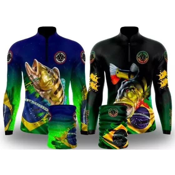Kit de 2 Camisas de Pesca + Bandana Tucunaré com Proteção Solar Uv50+ DryFit Brasil 01 + 02