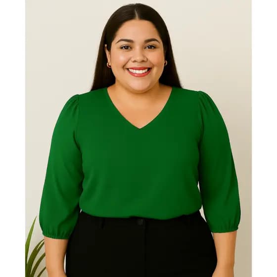 Blusa Feminina Plus Size Manga 3-4 Em Tecido Crepe Duna Social Elegante Outono Inverno
