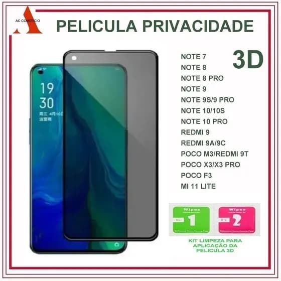 Kit Película Xiaomi Redmi Privacidade de Vidro 3D Para Redmi12/12C/13C/10/10C/11/9A/9C/9T/Poco X3/F3 /