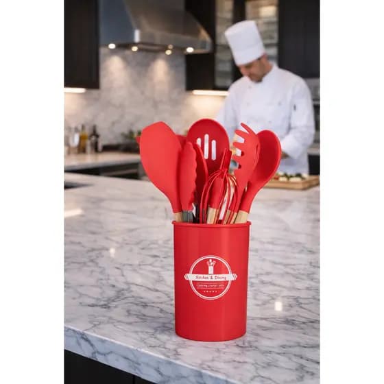 VERMELHO - Conjunto de Utensílios de Cozinha 12 Peças - Silicone e Cabo de Madeira