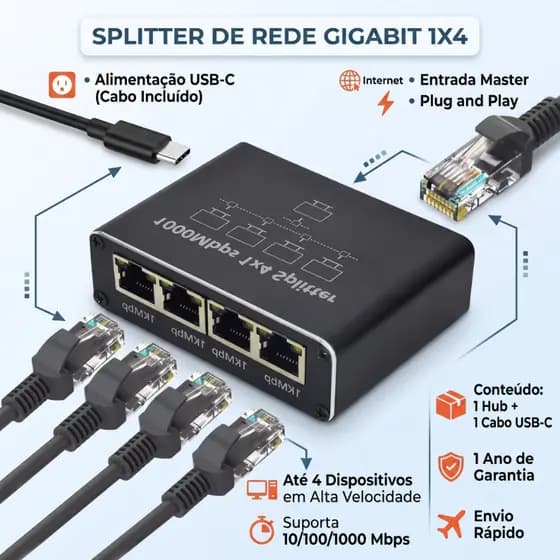 Switch Gigabit Ethernet 1 x 4 Alta Velocidade RJ45 1000Mbps Divisor PC Roteador