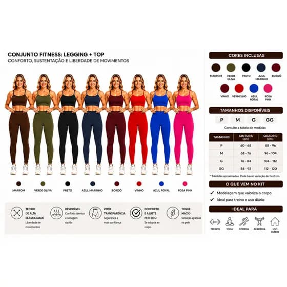 Kit 20 Conjuntos Fitness Legging + Top - Zero Transparência - para REVENDA - DIRETO DA FÁBRICA