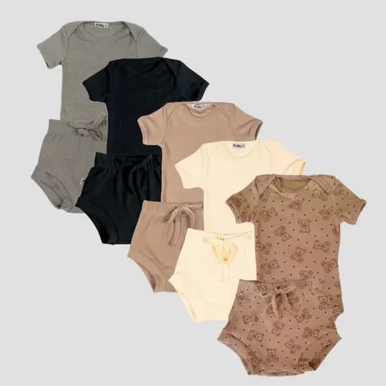 Kit 5 Conjuntos Body Bebê RN ao GG Manga Curta e Short Tapa Fralda Canelado Macio Confortável 05k5